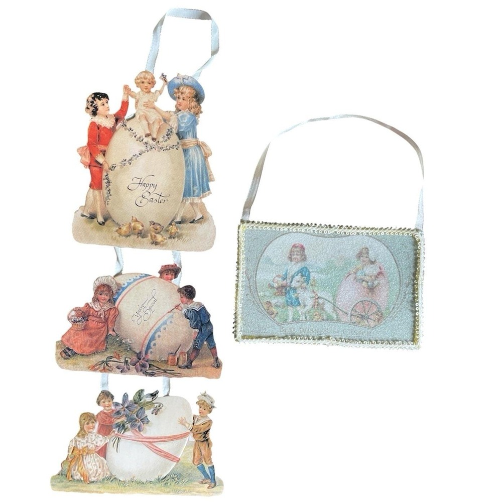 Victorian Children Die Cut Easter Hanging Cards Old Print Factory Reproduction